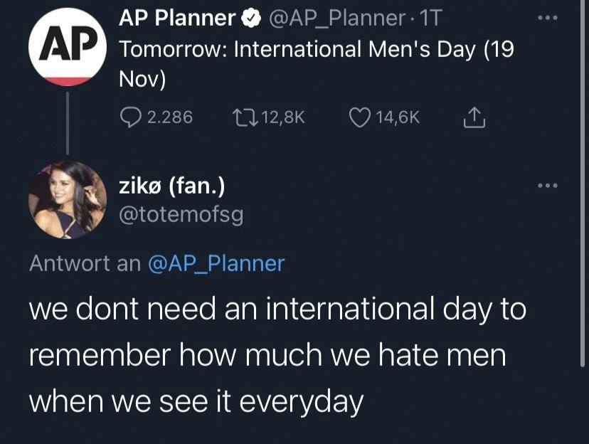 This is how they react to International Men's Day 
Some people don't want equality they want privilege with victim pass attached 
Happy International Men's Day 😀