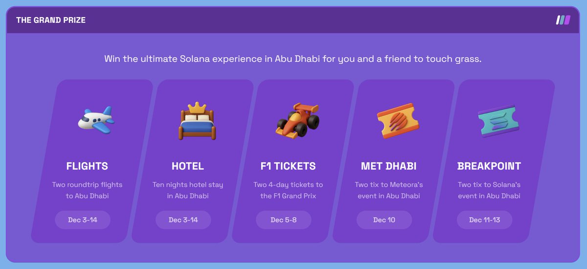 there's only one @Solana game sending you to <a href="/SolanaConf/">Solana Breakpoint 🇦🇪 Abu Dhabi Dec 11-13</a>, <a href="/MeteoraAG/">Meteora</a> Dhabi, AND F1

race your way to the top in the one and only SOLANA GRAND PRIX

flights + hotel + tickets to the hottest events in Abu Dhabi

start racing today