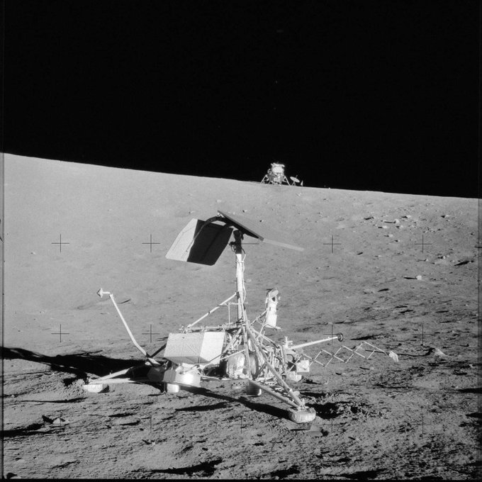 airandspace's tweet image. #OTD in 1969, the Apollo 12 lunar module &quot;Intrepid&quot; landed on the Moon, just 538 feet away from the Surveyor 3 spacecraft.

This photo, a close up of Surveyor 3 with the Apollo 12 LM in the background, shows the stunning accuracy of the precision landing.