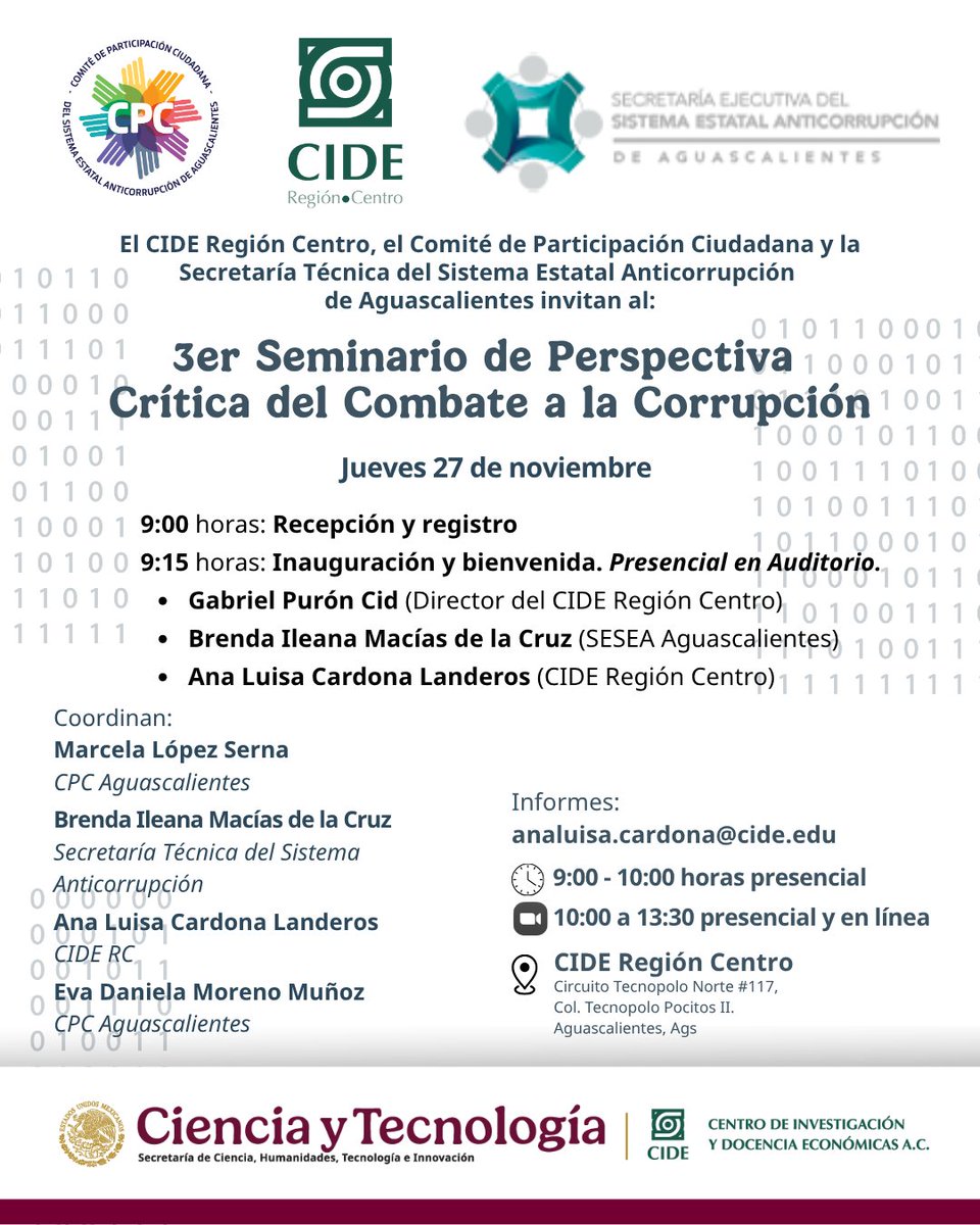 CIDE_RC's tweet image. 📣 3er Seminario de Perspectiva Crítica del Combate a la Corrupción.
📍 Evento presencial con transmisión en línea
🗓️ 27 de noviembre
🕘 De 9:00 a 10:00 presencial
💻 10:00 a 13:30 horas presencial y en línea
🏛️ CIDE Región Centro