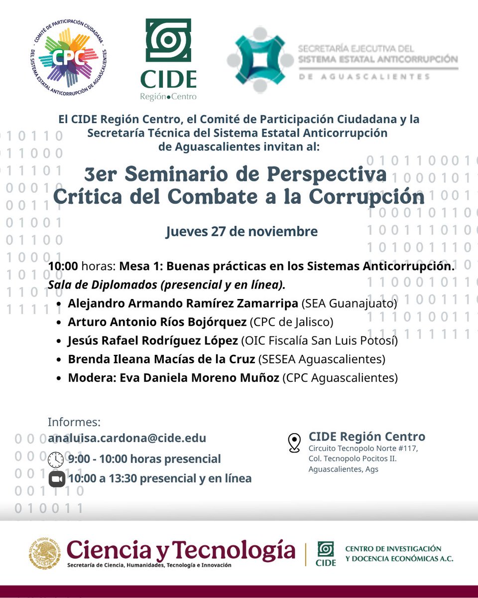 CIDE_RC's tweet image. 📣 3er Seminario de Perspectiva Crítica del Combate a la Corrupción
📍 Evento presencial con transmisión en línea
🗓️ Jueves 27 de noviembre
🕘 De 9:00 a 10:00 presencial
💻 10:00 a 13:30 horas presencial y en línea
🏛️ CIDE Región Centro
