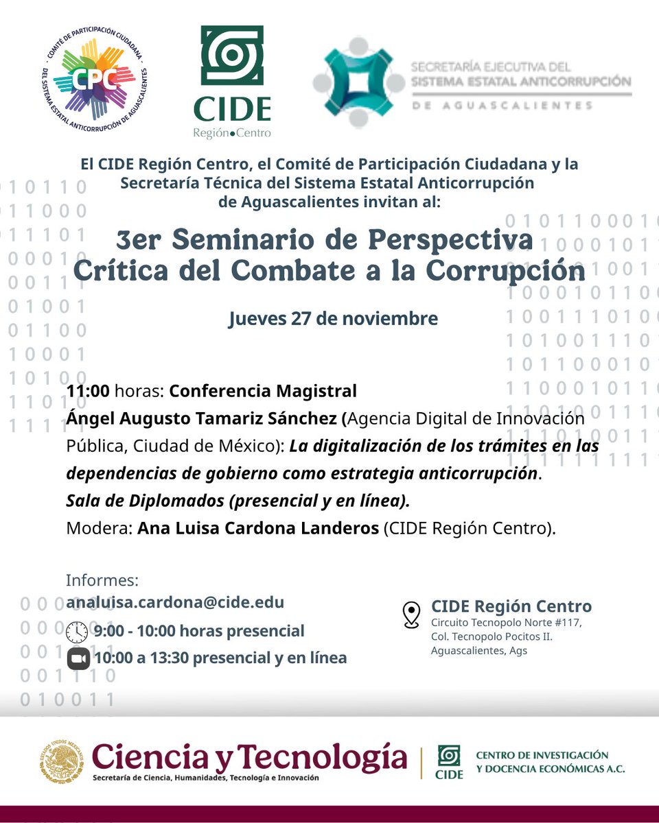 CIDE_RC's tweet image. 📣 3er Seminario de Perspectiva Crítica del Combate a la Corrupción
📍 Evento presencial con transmisión en línea
🗓️ Jueves 27 de noviembre
🕘 De 9:00 a 10:00 presencial
💻 10:00 a 13:30 horas presencial y en línea
🏛️ CIDE Región Centro
