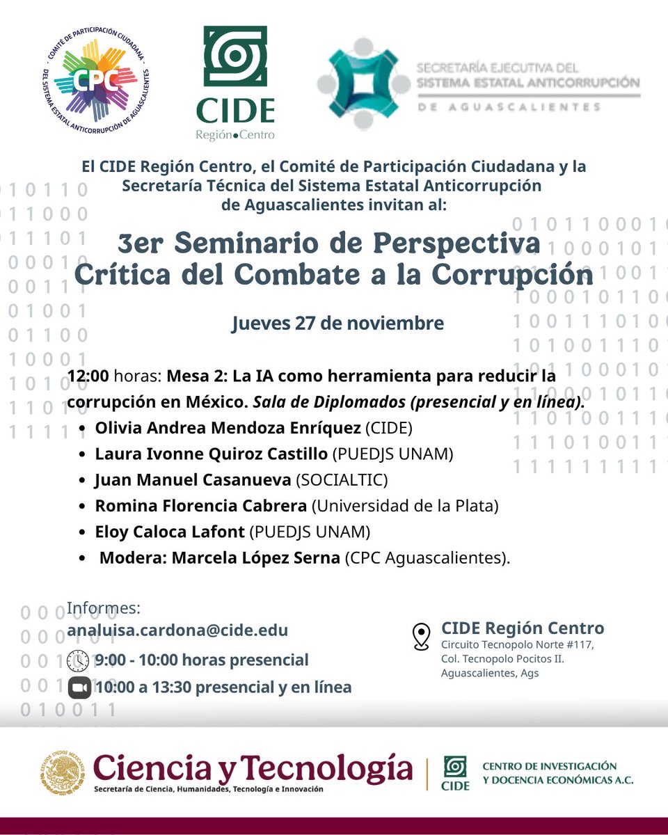 CIDE_RC's tweet image. 📣 3er Seminario de Perspectiva Crítica del Combate a la Corrupción
📍 Evento presencial con transmisión en línea
🗓️ Jueves 27 de noviembre
🕘 De 9:00 a 10:00 presencial
💻 10:00 a 13:30 horas presencial y en línea
🏛️ CIDE Región Centro