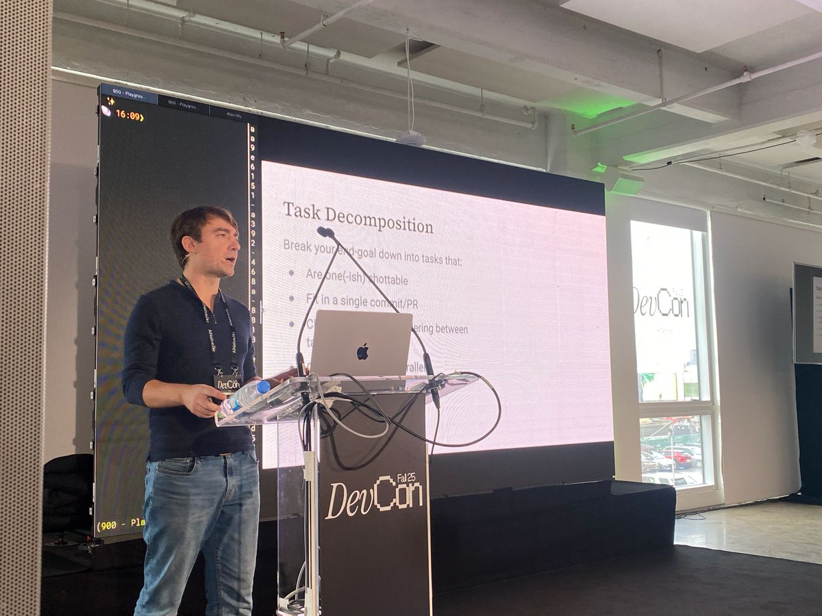 ainativedev's tweet image. Top tips on the main stage at #ainativedevcon from Robert Brennan, Founder and CEO of OpenHands, including task decomposition of tasks before using a fleet of agents to work on it.