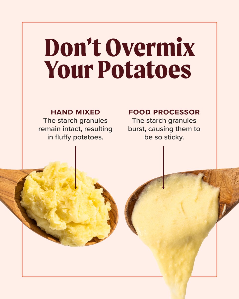 TestKitchen's tweet image. The secret to mashed potatoes that are light and fluffy, not gluey and dense? It’s all in how you mix: Too much force, like from a food processor, breaks the potato’s starch granules and releases extra starch, creating that gummy texture no one wants. Hand-mashing keeps those…