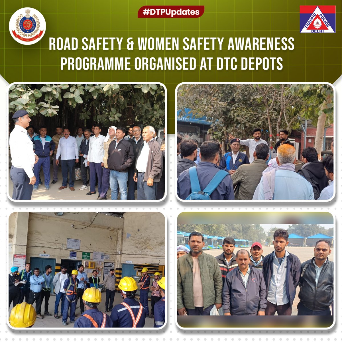 dtptraffic's tweet image. Delhi Traffic Police conducted an intensive awareness programme at DTC Depot Sukhdev Vihar and DTC Depot Dwarka Sec-8, motivating 96 drivers, marshals, and staff members on Road Safety, Women Safety and essential Traffic Rules.

Safe driving begins with disciplined roads and…