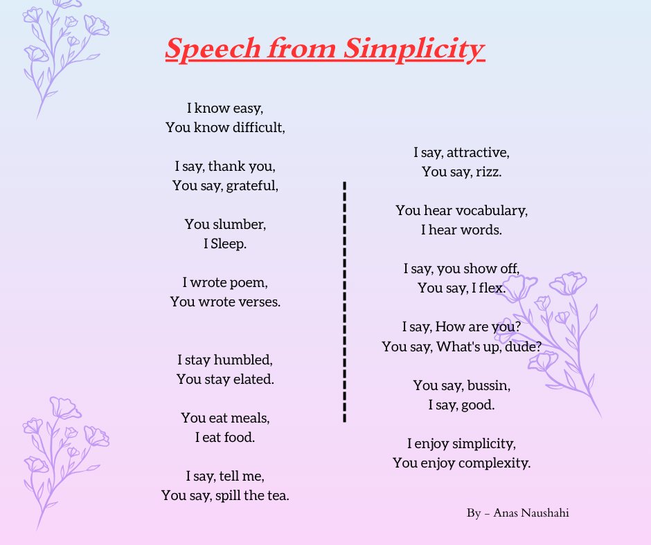 Anas_Naushahi's tweet image. I say, How are you?
You say, What&apos;s up, dude?

#Speech #Simplicity #Complexity #Vocabulary #GenZ #Slang #Rizz #Flex #poem #Poetry #Bussin #Words #Writers #Writing #WritingCommunity #EnglishPoetry #Learning #Comprehension #Composition