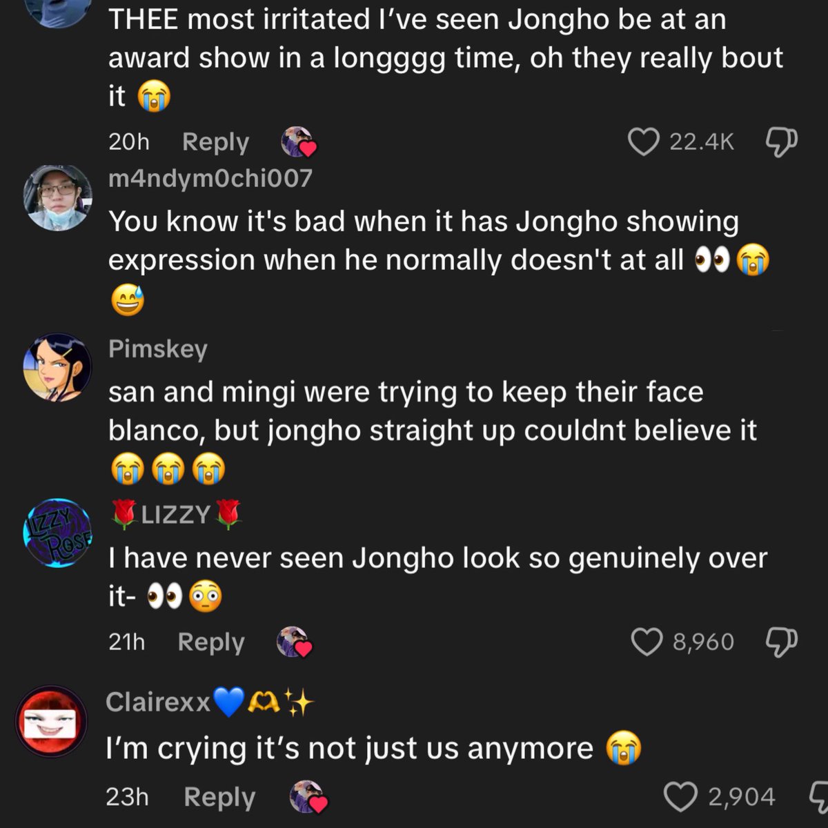 jongho, san, and mingi are currently going viral on multiple platforms for their reaction to that group winning a daesang with only 2 songs 😭😂