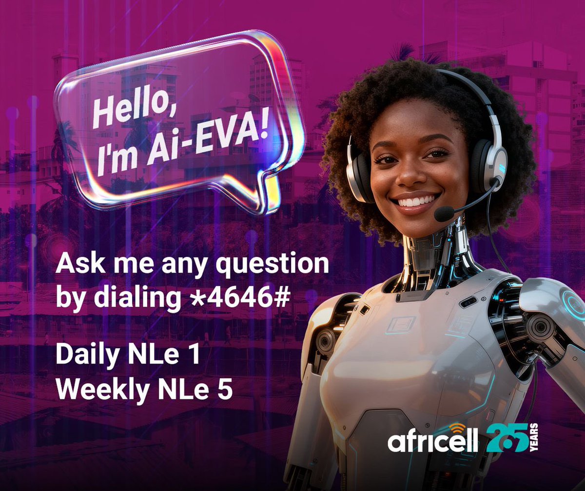 Ai Eva🤖 is your digital assistant that makes getting answers fast, simple, and fun🤩.

Dial *4646# or call 4646📲 to ask her anything and get instant responses anytime you need them💡.

Subscribe for only NLe1 daily or NLe5 weekly and enjoy smart, and convenient access to