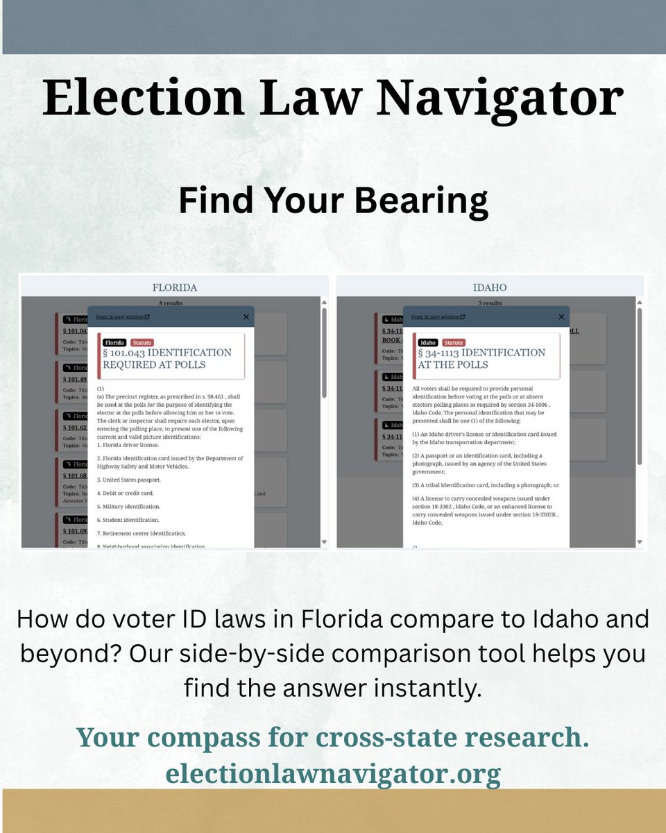 electionprogram's tweet photo. Comparing state election laws used to take hours. Now it takes seconds.⏱️

The Election Law Navigator lets you view statutes side-by-side to instantly spot the differences.

Find your bearing: https://t.co/4h6WAHONpa 

#ElectionLaw #LegalTech #ElectionLawNavigator https://t.co/AhG7bR0QNs