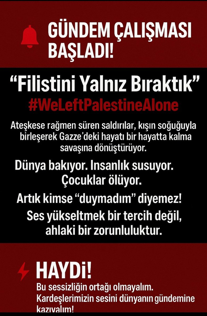sarseven's tweet image. Haydi...
Gündem..
Destek ver:
🔻🔻🔻

Filistini Yalnız Bıraktık” başlığı ve 
🔥 &quot;#WeLeftPalestineAlone&quot; etiketiyle

Bugün tüm dünyayı suskunluğun utancıyla yüzleşmeye çağırıyoruz.