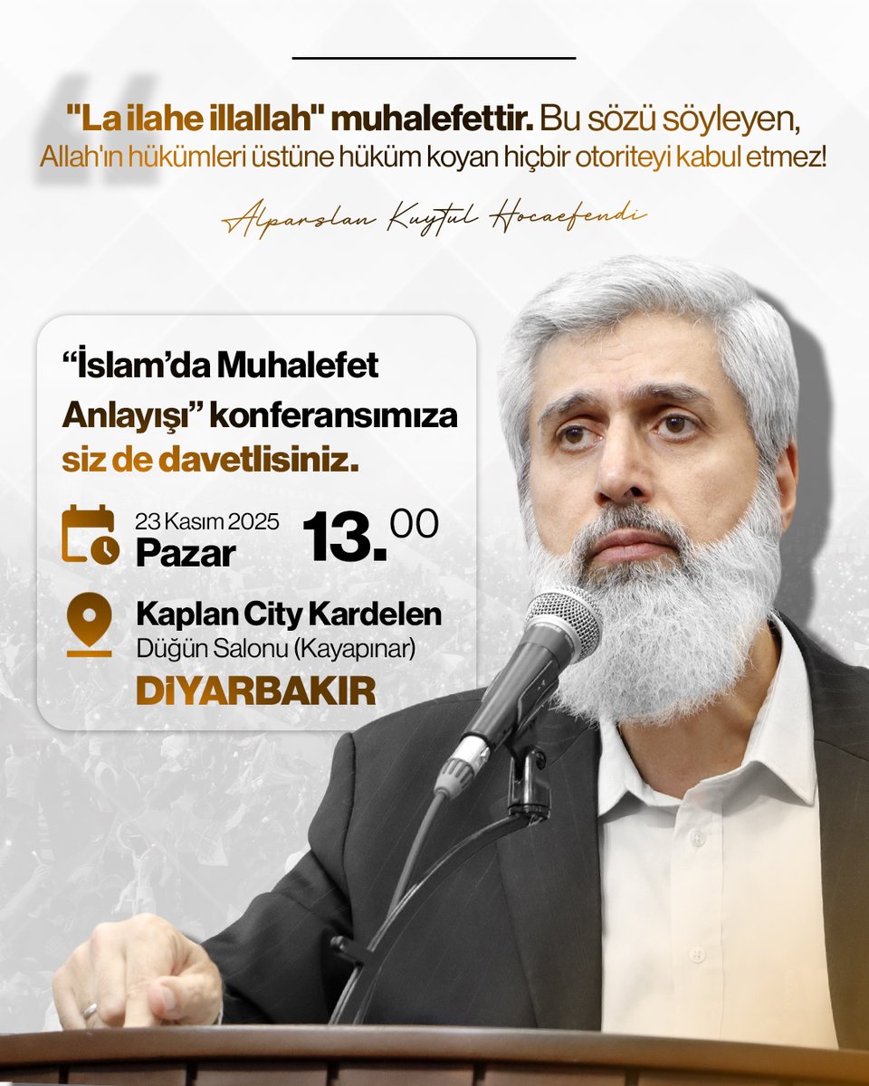 "La ilahe illallah" muhalefettir. Bu sözü söyleyen, Allah'ın hükümleri üstüne hüküm koyan hiçbir otoriteyi kabul etmez.

📖 İslam'da Muhalefet Anlayışı
🗓 23 Kasım Pazar
🕖 13.00
📍 Kaplan City Kardelen Düğün Salonu 

▶️ Alparslan Kuytul Hocaefendi YouTube Kanalı

23Kasımda