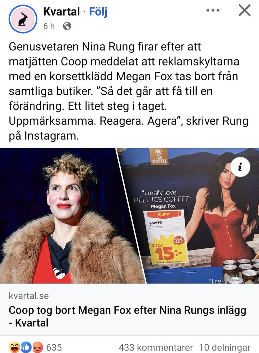Så Megan Fox i korsett ska bort från kaffereklamen för att vissa känner sig fulare?
Men hade det varit en 100-kilos äldre kvinna eller HBTQ hade det varit helt okej?

Märkligt att feminism handlar om att ta bort vackra kvinnor ist för att stärka dem som mår dåligt.