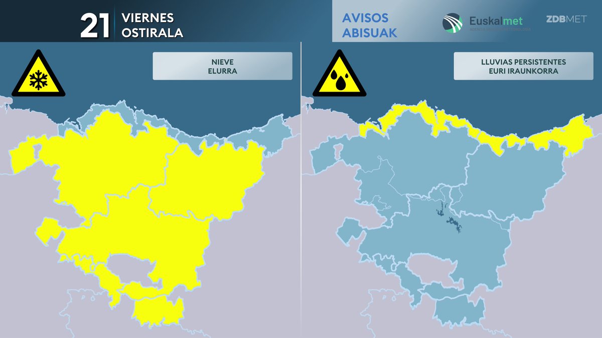 Y así quedan los AVISOS por lluvias y nieve para los próximos dos días.