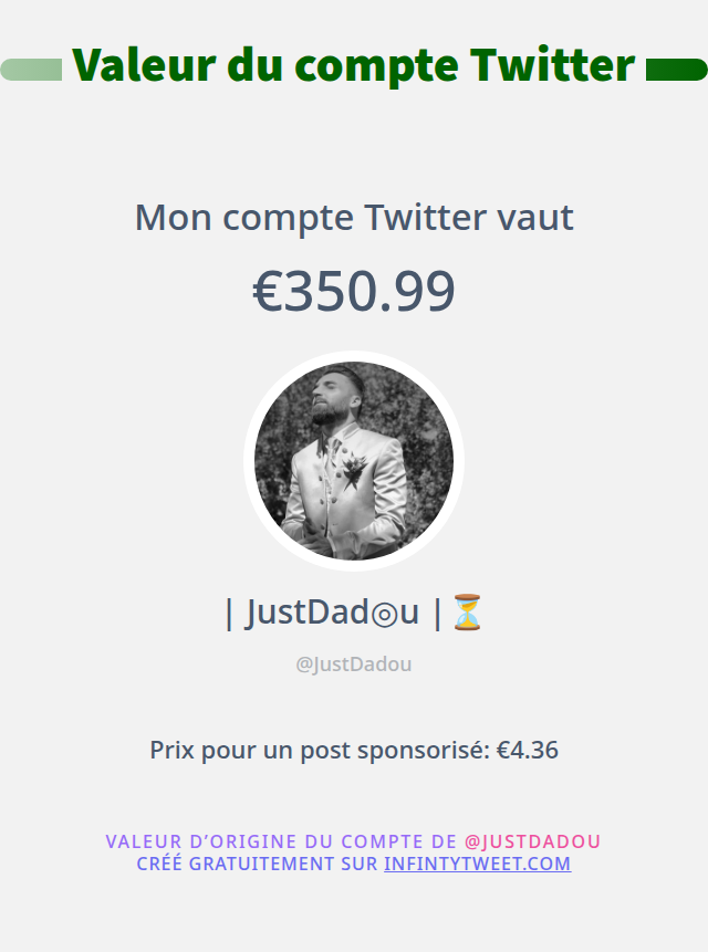 JustDadou's tweet photo. Mon twitter vaut: €350.99

➡️ https://t.co/9qBKCT35RG https://t.co/m7Kb35jX9c