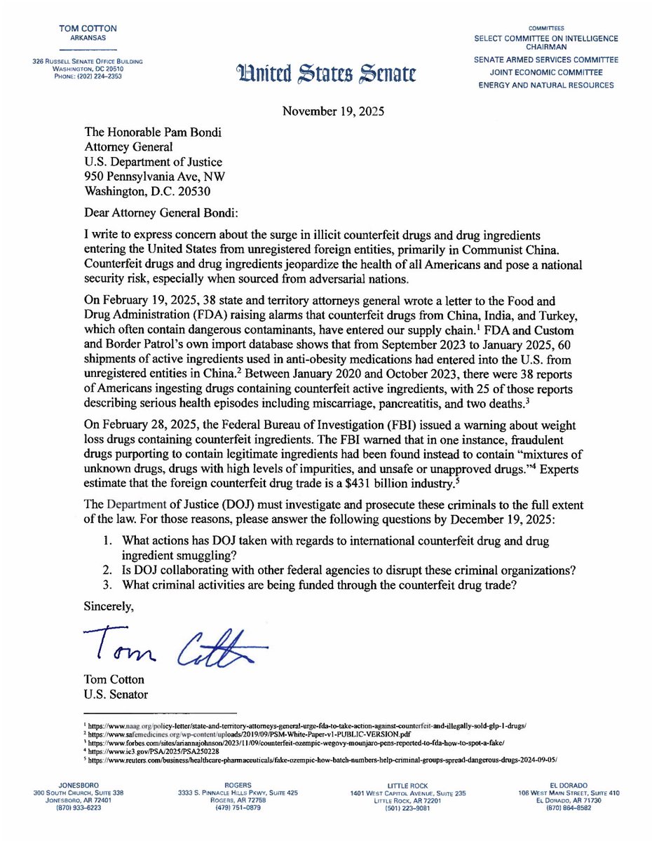SenTomCotton's tweet photo. Communist China continues to flood our country with counterfeit drugs and fake ingredients jeopardizing the health of all Arkansans. I’ve asked @TheJusticeDept to investigate and prosecute these criminals to the fullest extent of the law. https://t.co/oMdbocftg2