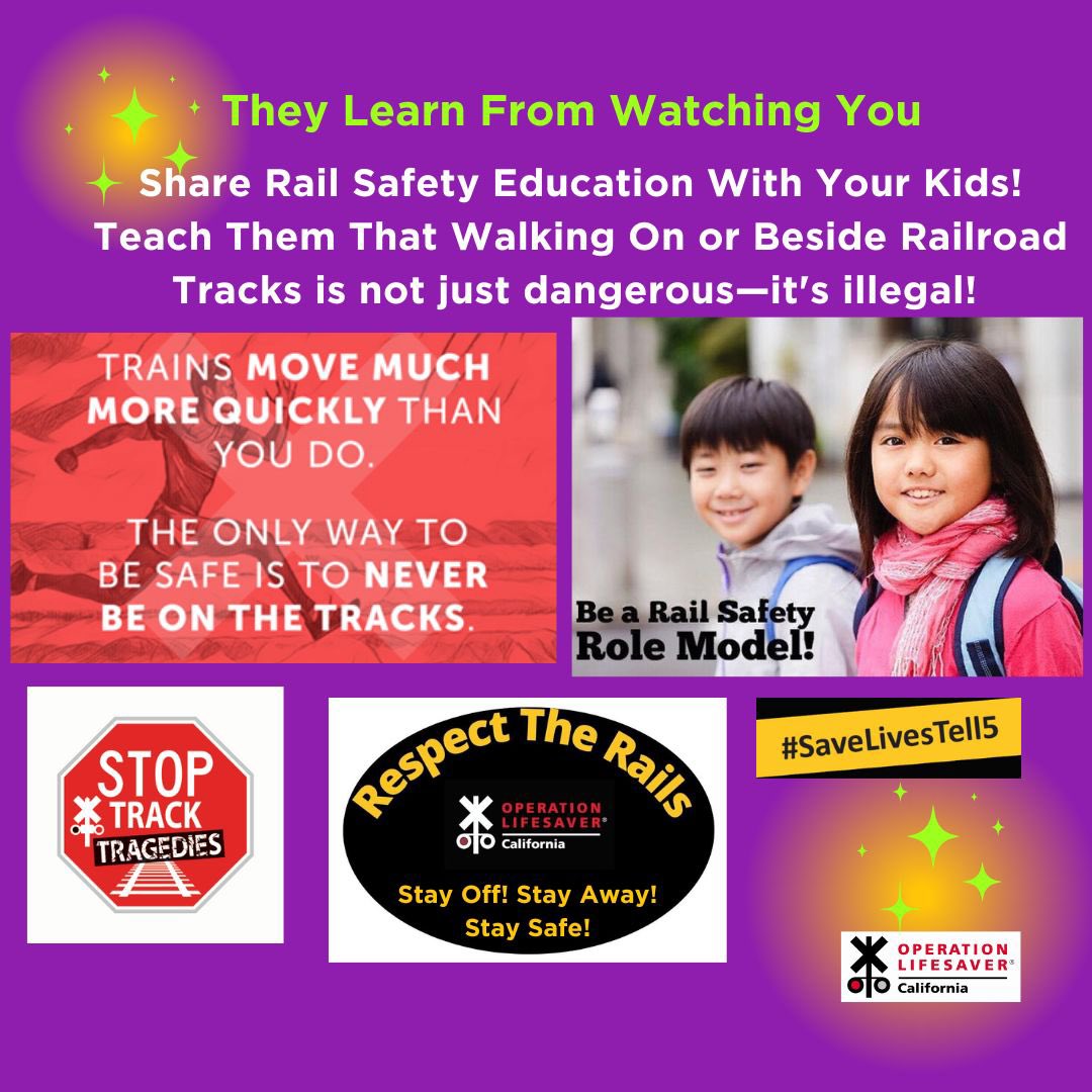 CAOpLifeSaver's tweet image. Be a Rail Safety Mentor. Choose safety first near tracks and trains. Teach your kids to #StayOff and #StayAway from train tracks. Share the message.                               #RespectTheRails  #SaveLivesTell5.