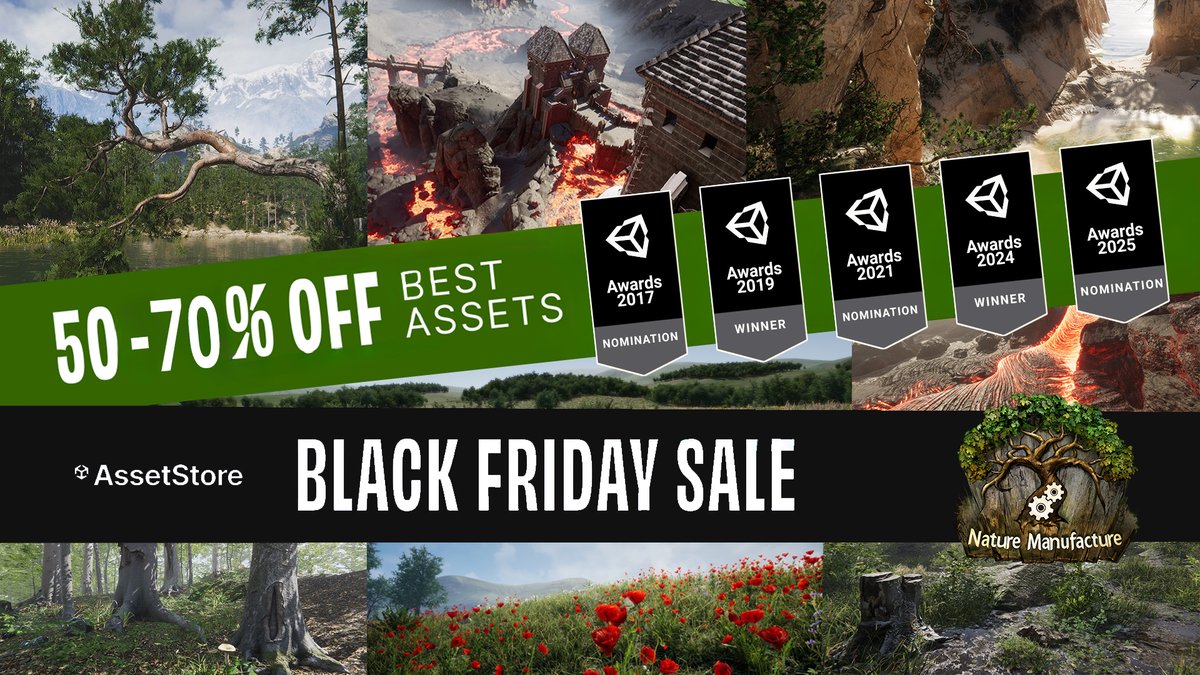 NatureDeveloper's tweet image. Black Friday sale is here! Up to -70% on our top assets! 
Asset store link: assetstore.unity.com/publishers/688… We are double-nominated in the 17th Unity Awards, and you can still cast a vote for us in the &quot;Best Artistic Content&quot; and &quot;Publisher of the Year&quot; categories. Vote Link:…