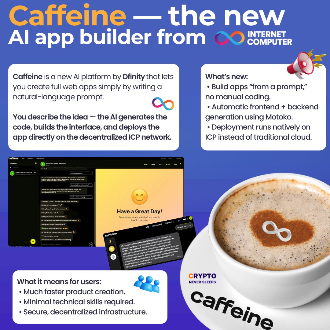 CNSOfficial__'s tweet image. #Caffeine by #InternetComputer lets you build full apps from a prompt — no coding.

AI generates frontend + backend (Motoko) and deploys natively on $ICP.

A real #AI x blockchain x #Web3 game-changer. ☕⚡
Would you use it to build your next app?

Source: medium.com/dfinity/intern…