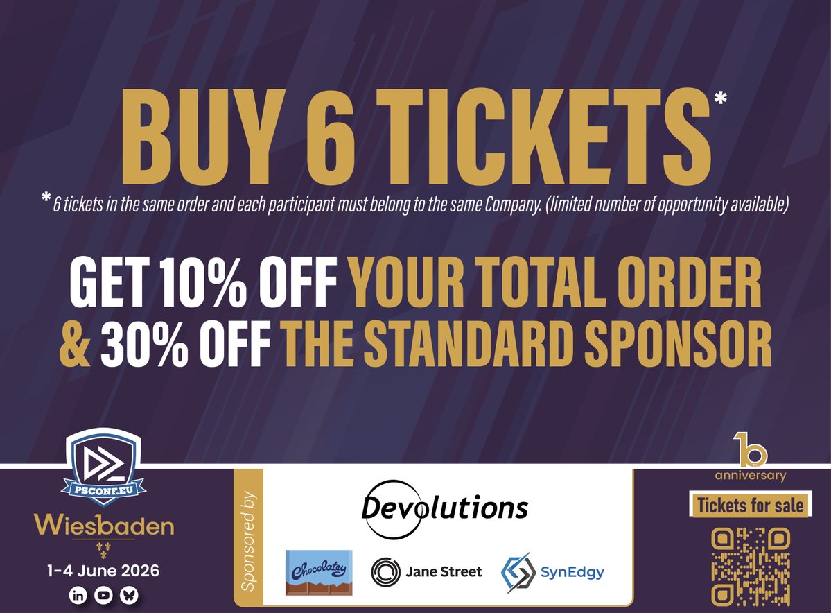 PSConfEU's tweet image. Calling all companies! 📢 Bring your #PowerShell team to #PSConfEU 2026 with our special offer:
✅ Buy 6+ tickets = 10% off total order
✅ Plus, 30% off Standard Sponsorship

🎟️ psconf.eu