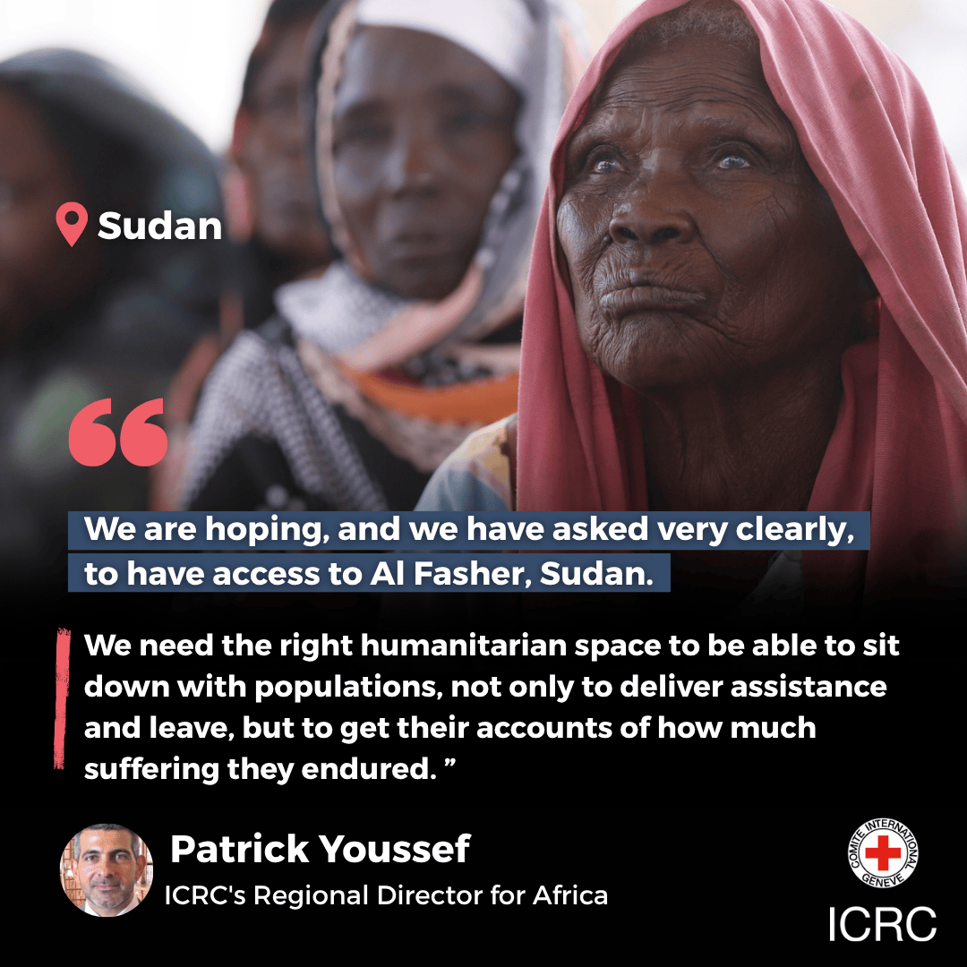 📍 Sudan | Tens of thousands have fled Al Fasher in recent weeks, while many others remain trapped in the city without sufficient food, water or medical care.

The ICRC’s Regional Director for Africa, Patrick Youssef, shares. 👇🏼