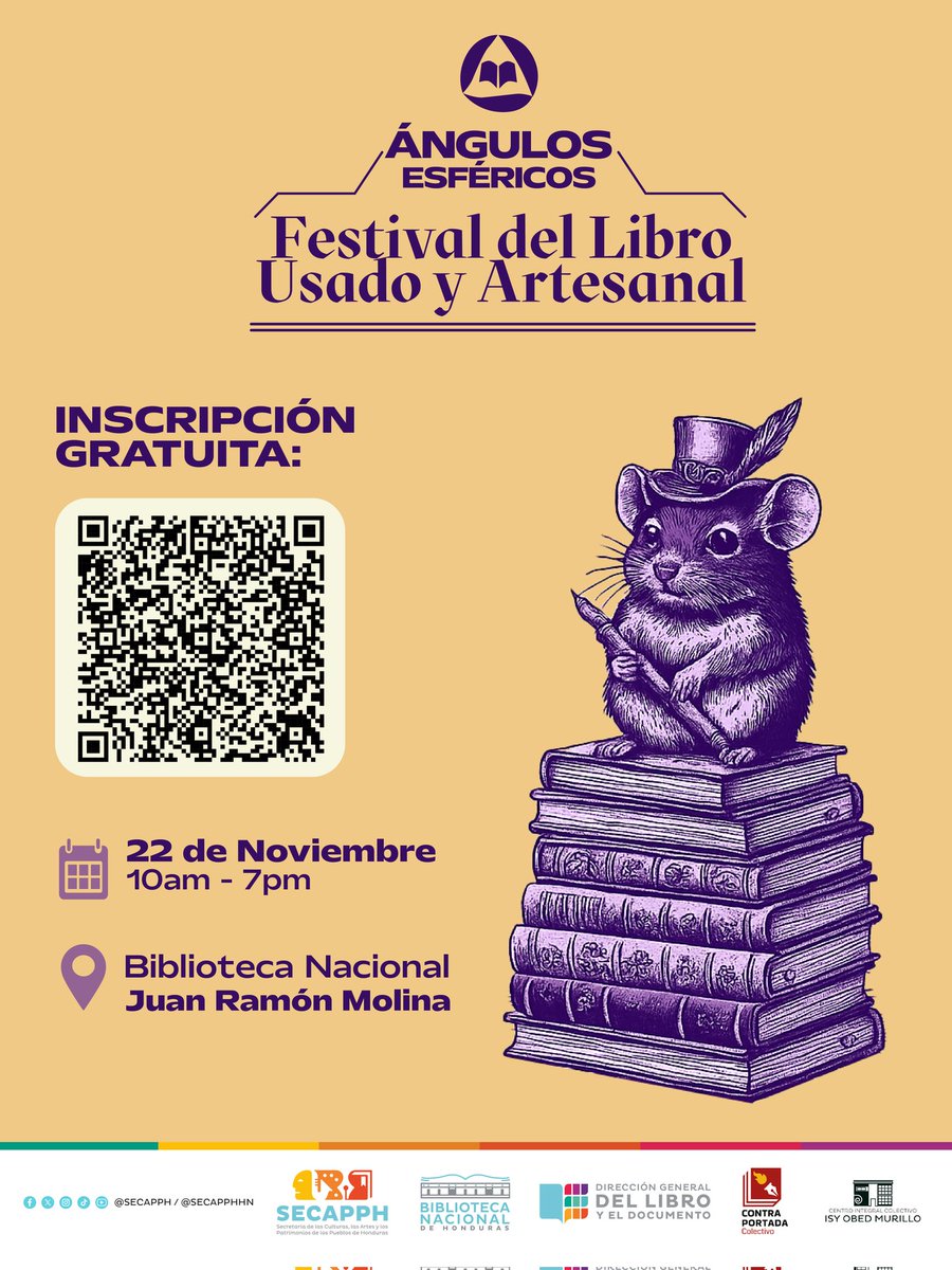 SECAPPH's tweet image. 📅 Fecha: Sábado 22 de noviembre de 2025
⏰ Hora: 10:00 am - 7:00 pm
📍 Lugar: Biblioteca Nacional de Honduras

#DGLD #SECAPPH #BINAH