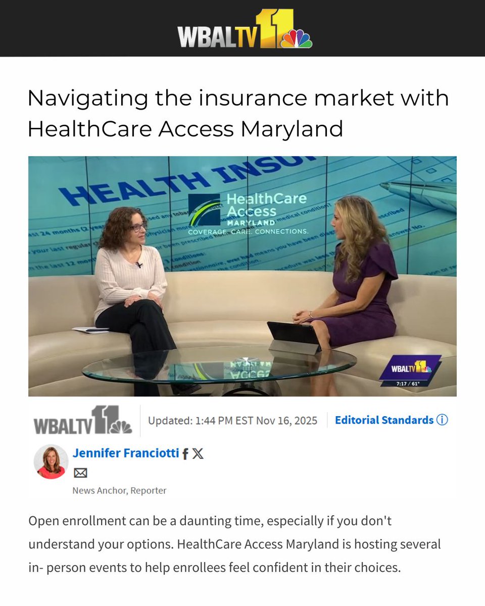 HCAMaryland's tweet image. 📺 Recently, Traci Kodeck joined @WBALTV11 to discuss #OpenEnrollment and how HCAM helps individuals and families enroll in coverage or update their plans.

Join us at our fairs on Saturday, Nov. 29 or Saturday, Dec. 13! Watch the full segment here: bit.ly/4oIzHNQ

#HCAM