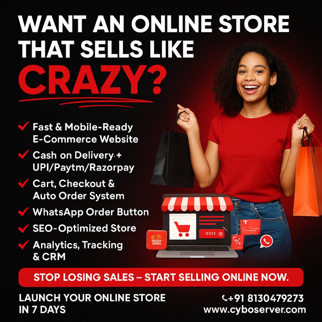 cyboserver's tweet photo. 🚀 Ready to turn your business into a 24/7 money-making machine?

✨ Get a fast, mobile-ready E-commerce store with COD, UPI, automation, WhatsApp orders &amp; more.

📞 +91 8130479273
🌐 https://t.co/Ag1gNRVc7S
#EcommerceWebsite #OnlineStore #BusinessGrowth  #StartupIndia https://t.co/p16f1tzU3m