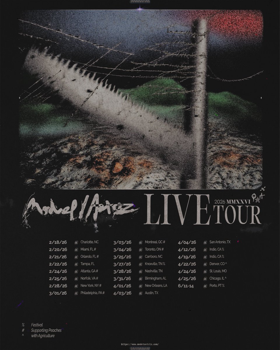 New 2026 tour dates announced, on sale Friday 11/21 at 10am local.

Presale starts tomorrow Thursday 11/20 at 10am local, sign-up at modelactriz.com