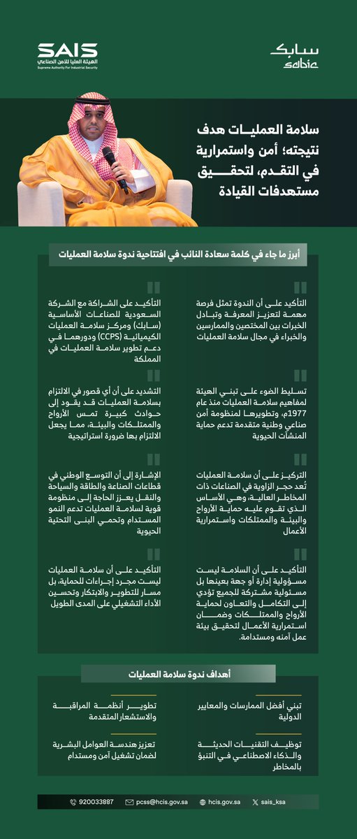 SAIS_KSA's tweet photo. من كلمة سعادة نائب محافظ #الهيئة_العليا_للأمن_الصناعي المهندس إبراهيم بن عبدالقادر آل أبو عيسى في افتتاح ندوة سلامة العمليات، حيث ناقش أهم محاور تطوير ثقافة سلامة العمليات وتعزيز بيئة صناعية آمنة ومستدامة. https://t.co/AUmtxpfUP3