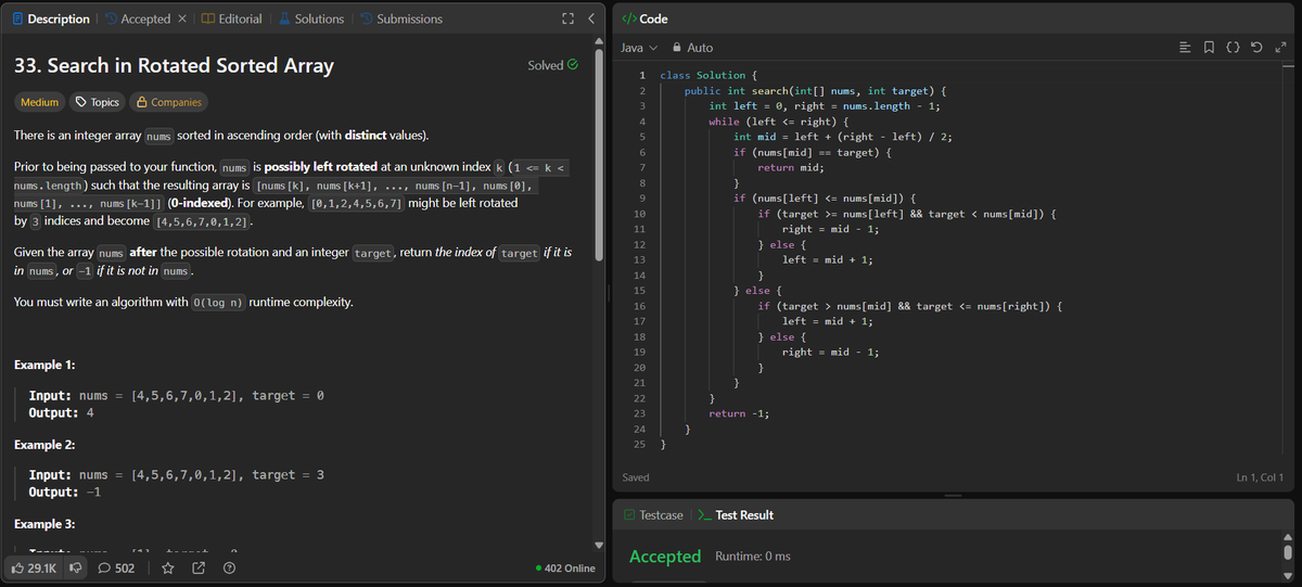 rituu_09's tweet image. Day 323 of 2025:                                       
👩‍💻 Code to Crack Companies!    
▫️Search in Rotated Sorted Array
▫️ Course Schedule
#placementprep #2025Goals #leetcode #letsconnect