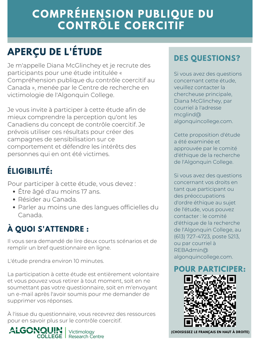 The Victimology Research Centre at Algonquin College (VRC) has launched a 10-minute national survey to better understand community perspectives.

You can take the survey here: surveymonkey.ca/r/XRNFMW3