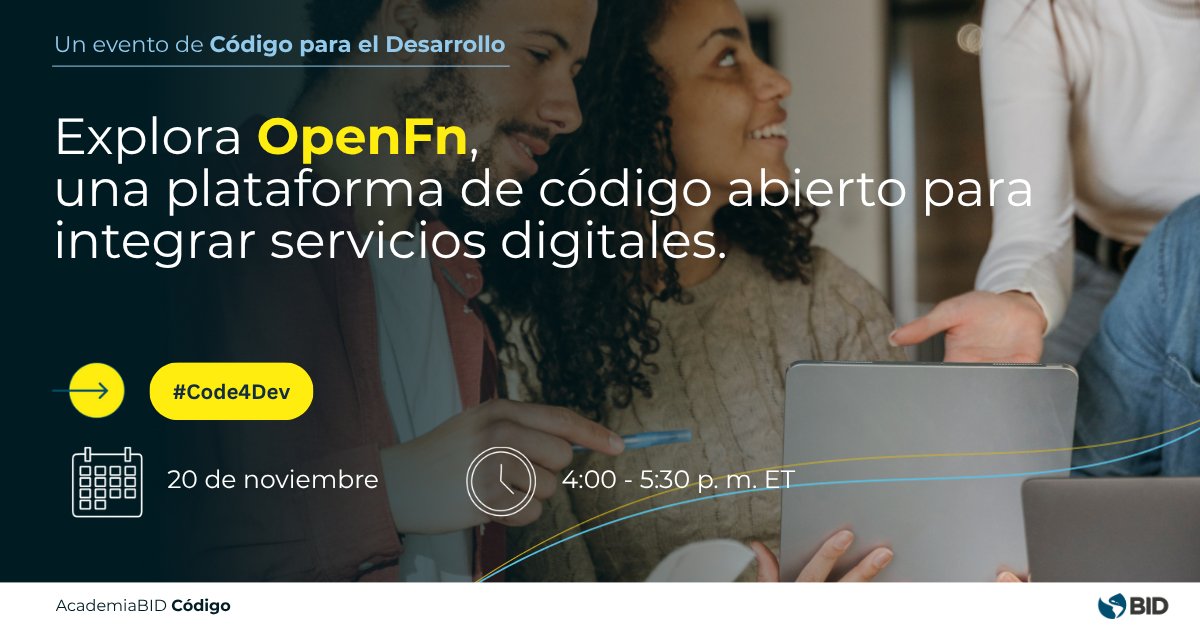 el_BID's tweet image. 📢 ¡Nuevo Code4Dev webinar! 

OpenFn — Plataforma de código abierto para integrar servicios digitales.

🗓️ Nov 20
🕓 4–5:30 p.m. ET
🌐 Inglés con interpretación a español y portugués 👉 bit.ly/3XD8Jve