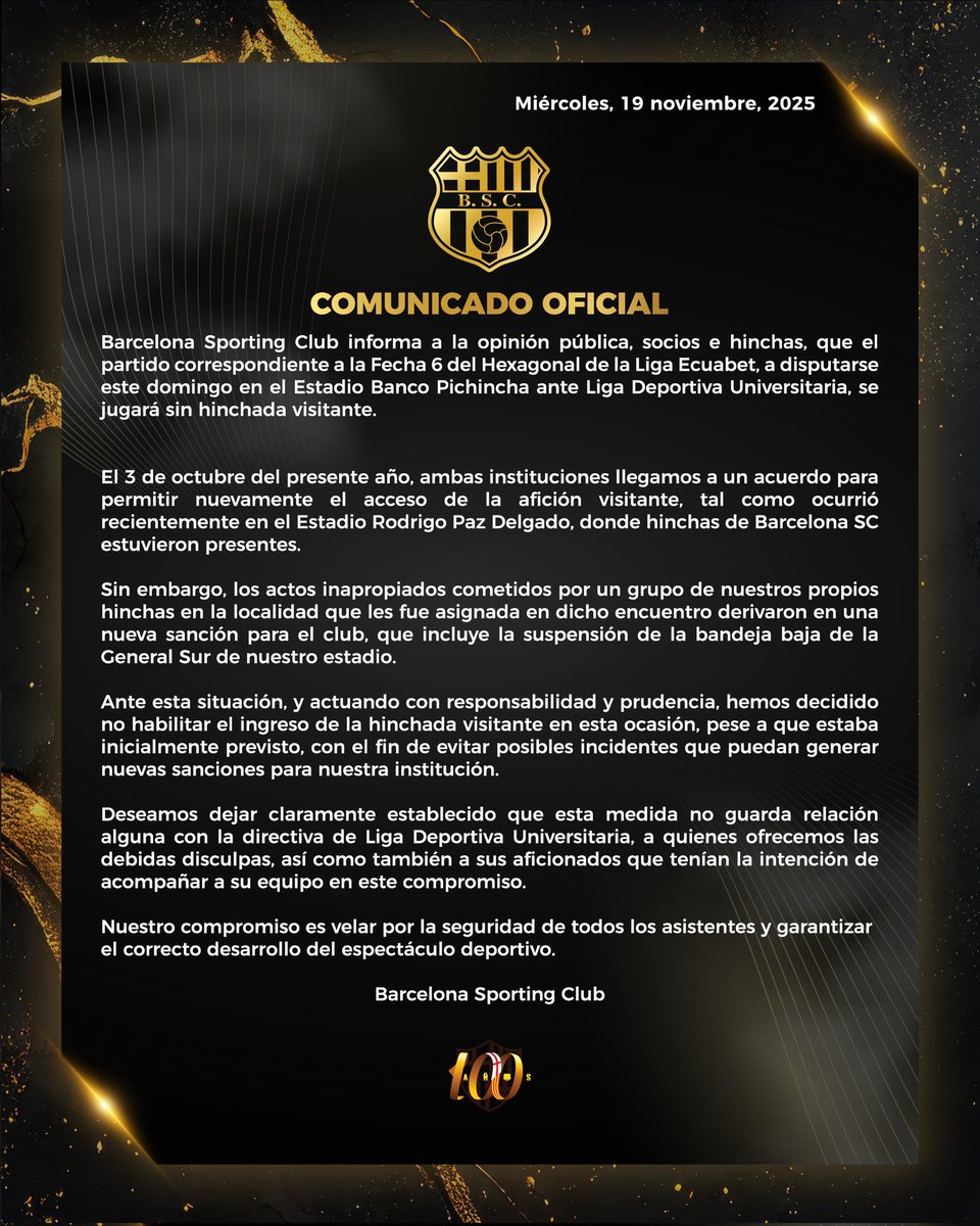 Comunicado oficial ✍️

#BSCvsLDUQ 
#BarcelonaSomosTodos