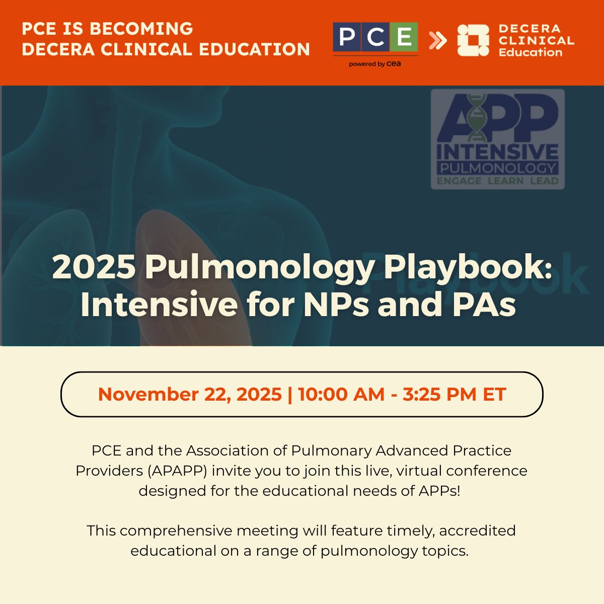 PCE_NPs_PAs's tweet image. 2025 Pulmonology Playbook: Intensive for NPs and PAs! PCE APAPP invite you to join us in just a few days for this live, virtual conference designed specifically for advanced practice providers. 

eserve your spot bit.ly/3KcrjY3