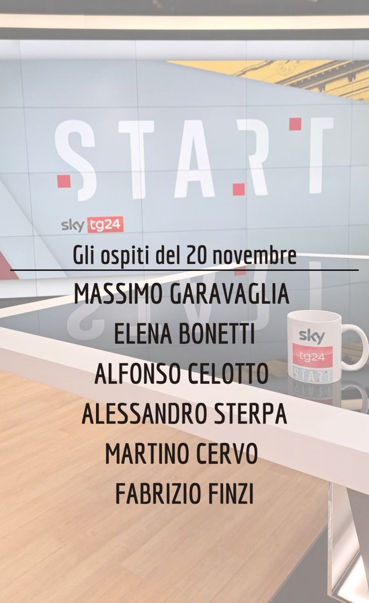 Vi aspetto domani a #Start con i nostri ospiti <a href="/massimogara/">Massimo Garavaglia</a>, <a href="/elenabonetti/">Elena Bonetti</a>, <a href="/AlfonsoCelotto/">Alfonso Celotto</a>, <a href="/alesterpa/">Alessandro Sterpa</a>, <a href="/martinocervo/">Martino Cervo</a> e <a href="/fabriziofinzi/">fabrizio finzi</a>. 
Come sempre dalle 9:30 su <a href="/SkyTG24/">Sky tg24</a>!