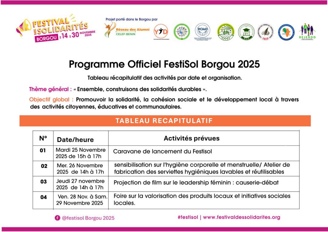 racelefbenin's tweet photo. 📢 Information importante – Festisol 2025
Chers partenaires, membres et participants,
Suite à certains impératifs organisationnels, les dates initialement prévues pour le Festisol ont été modifiées.
aldessolidarités #Festisol #Parakou #Borgou #réseaudesalumni #solidarité https://t.co/zfMWyugqIl