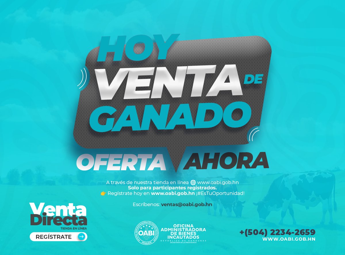 #LaNuevaOABISiCumple | ¡Disponible desde hoy!
Los lotes de ganado ya están publicados en nuestra tienda en línea.
👉 Ingresá ahora a oabi.gob.hn y aprovechá esta oportunidad.
 ⚠️ Solo pueden comprar los participantes registrados.
#LaNuevaOABISiCumple | #VentaDirecta