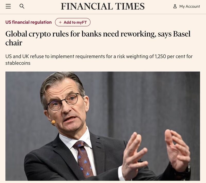 subjectiveviews's tweet image. 🚨 BREAKING: Basel Committee to overhaul crypto capital rules after US &amp;amp; UK reject the 1,250% risk weights that force banks to hold $1 capital per $1 of crypto—making it unworkable &amp;amp; keeping banks out of Bitcoin/stablecoins entirely. 

Chair Erik Thedéen admits a &quot;different…