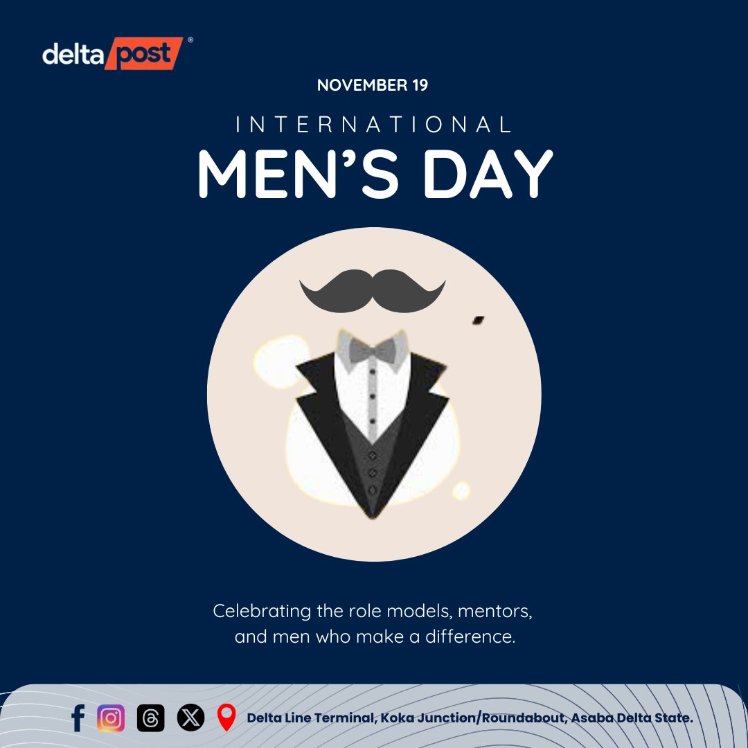 DeltaPost114275's tweet photo. Celebrating the role models, mentors and men who make a difference.

#MensDay
#November19
#DeltaPostDelivers
#SafeAndTimelyDelivery https://t.co/Za3JMKLiWH
