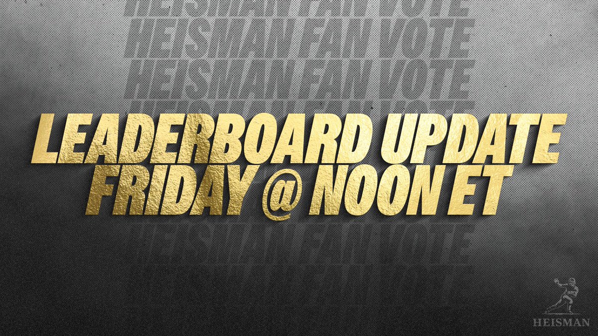 HeismanTrophy's tweet image. We&apos;re 48 hours away from the next Heisman Fan Vote Leaderboard update👀

Cast your vote on socials by posting🔽

&quot;@HeismanTrophy I want to vote for #PlayerName&quot; 

Vote on our website👉heismanfanvote.com
