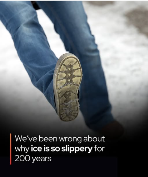 A close-up photograph of a person's lower leg wearing blue jeans and a white sneaker with deep treads, captured mid-slip on a snowy or icy surface outdoors. The sole of the shoe is facing the camera, covered in frost and snow, with the foot lifted off the ground, emphasizing instability. An orange text overlay in bold font appears at the bottom right.
