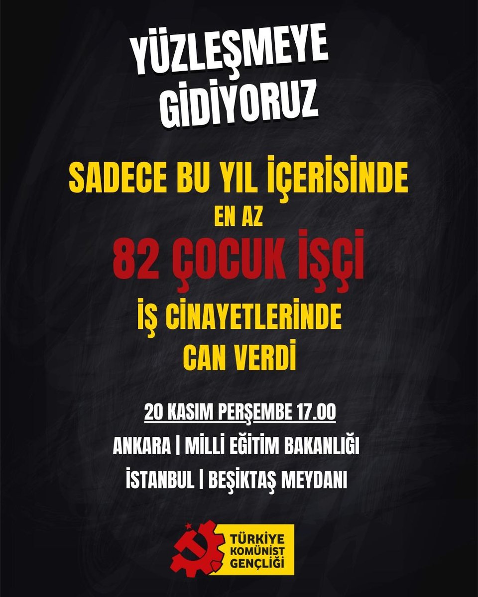20 Kasım Dünya Çocuk Hakları Günü'nde kardeşlerimize ve geleceğimize sahip çıkmaya çağırıyoruz!

Holdinglere ucuz iş gücü yetiştirmek isteyen sermaye düzeni çocukları ölüme sürüklüyor.
Eğitimden, adaletten, çalışma politikalarından sorumlu bütün kurumlar 82 çocuk işçi cinayetini
