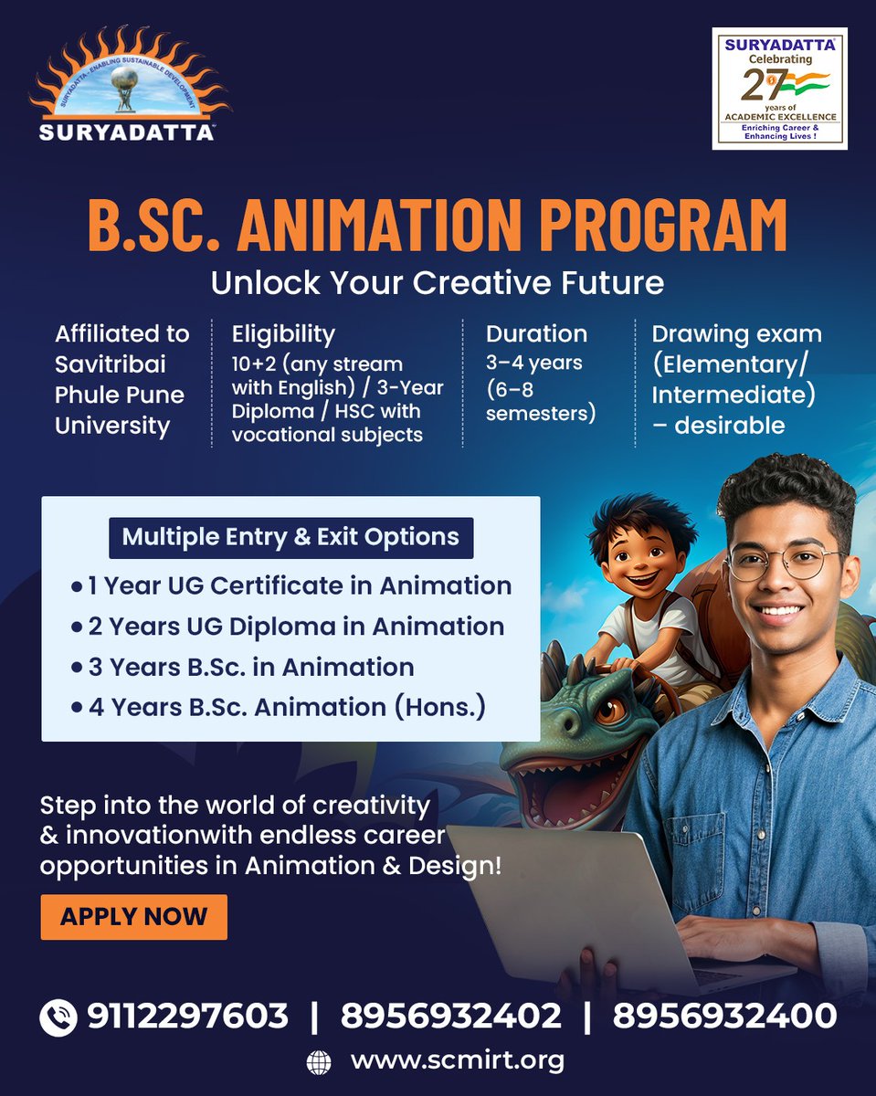 Suryadatta_Pune's tweet image. Unleash your creative potential with the B.Sc. Animation Program! 🎨 This program is your gateway to the world of animation and design, with endless career opportunities. With multiple entry and exit options, you can choose the path that best fits your goals.