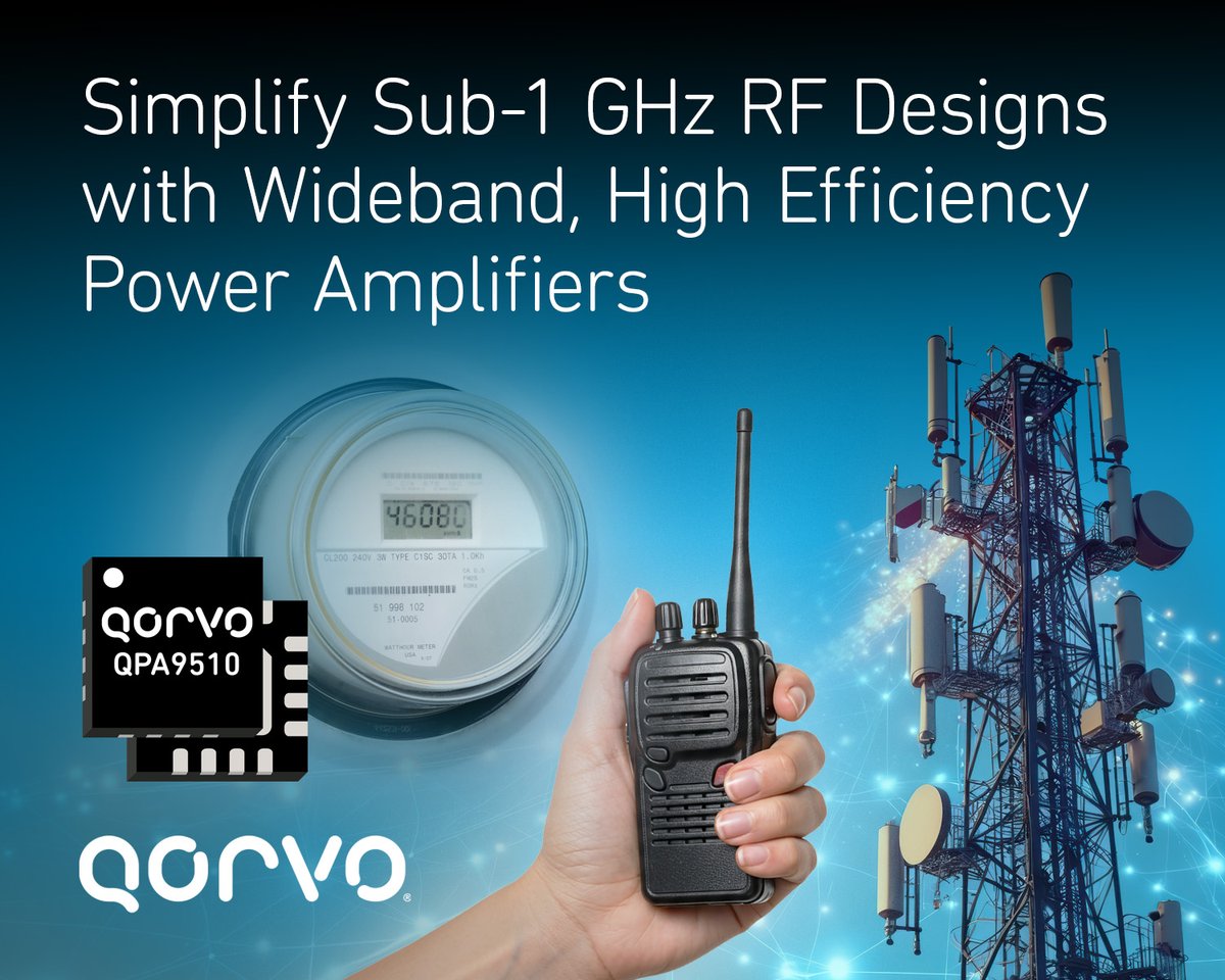 QorvoInc's tweet image. Power up public safety radios, smart meters and IoT devices with Qorvo’s new QPA9510—a compact, wideband PA delivering 100–1000 MHz coverage &amp;amp; industry-leading efficiency. Simplify your Sub-1 GHz designs.

Learn more 👉 ow.ly/YvqI50Xt3uk
#Qorvo #IoT #SmartMetering #RFDesign