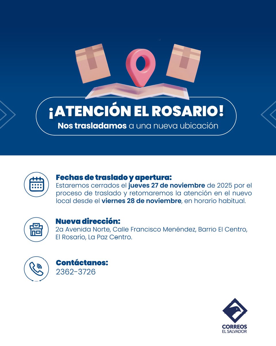 👉¡Tómalo en cuenta!👈

Si eres usuario de la oficina postal del Distrito de El Rosario, La Paz Centro.

Nuestras demás oficinas postales continúan operando con normalidad.😎

#CorreosSV #ElSalvador #ElRosario #Lapazcentro