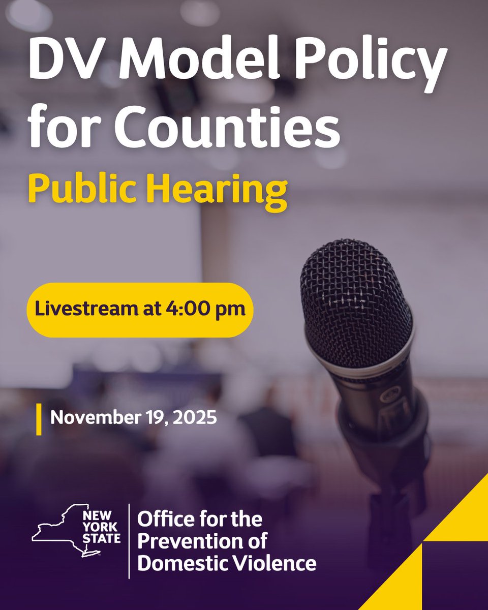 Happening today: OPDV will livestream our public hearing on the DV Model Policy for Counties, beginning at 4 p.m. Launched in 1998, comments received will help OPDV as we work to update the Model Policy, ensuring it is survivor-centered, trauma-informed, &amp; culturally responsive.