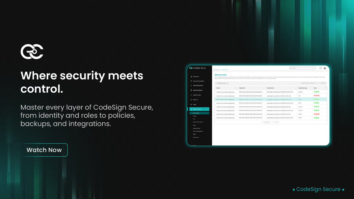 encryptioncons's tweet image. In a secure code signing environment, precise configuration and access control are non-negotiable. Our walkthrough explores how these essentials come together in CodeSign Secure. It covers identity store setup, user management, and role-based permissions in action.

You’ll also…