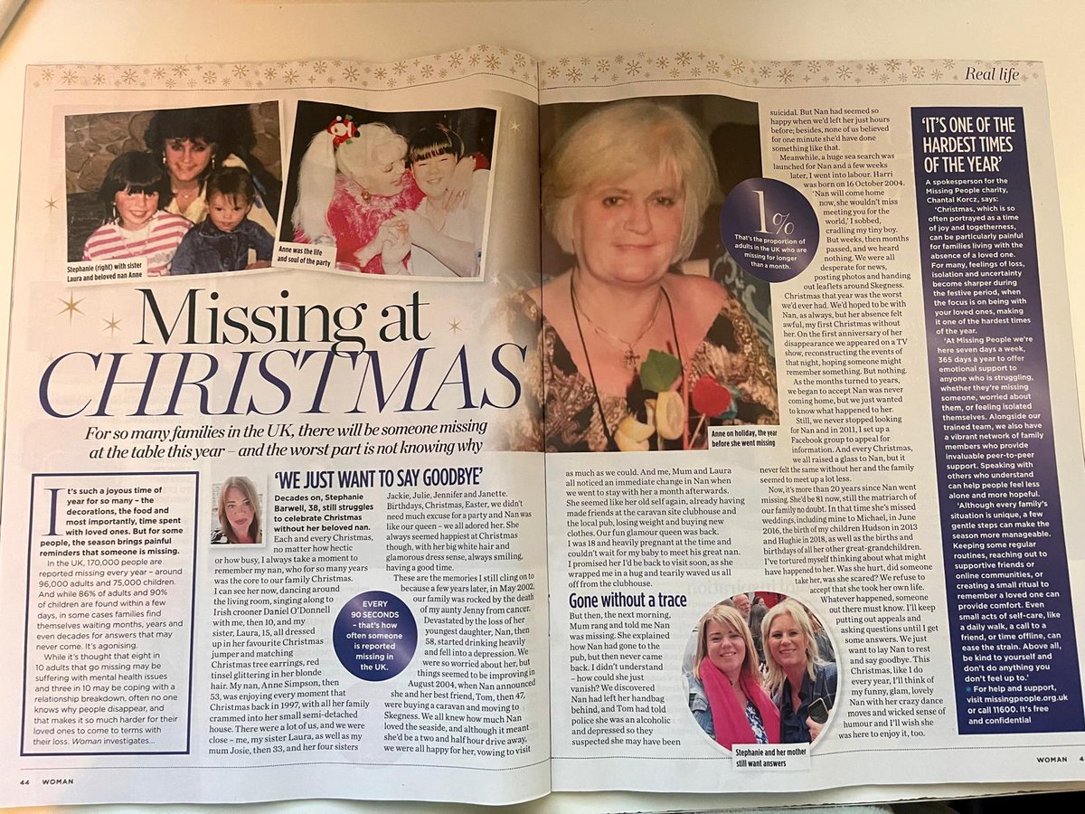 The family of Anne Simpson continue to appeal for information of her whereabouts. Read about the stark reality of #missing a loved one at #Christmas in <a href="/WomanMagazine/">Woman Magazine</a>  Would you like to get an appeal in a national magazine or newspaper. Please contact me to #tellmystory