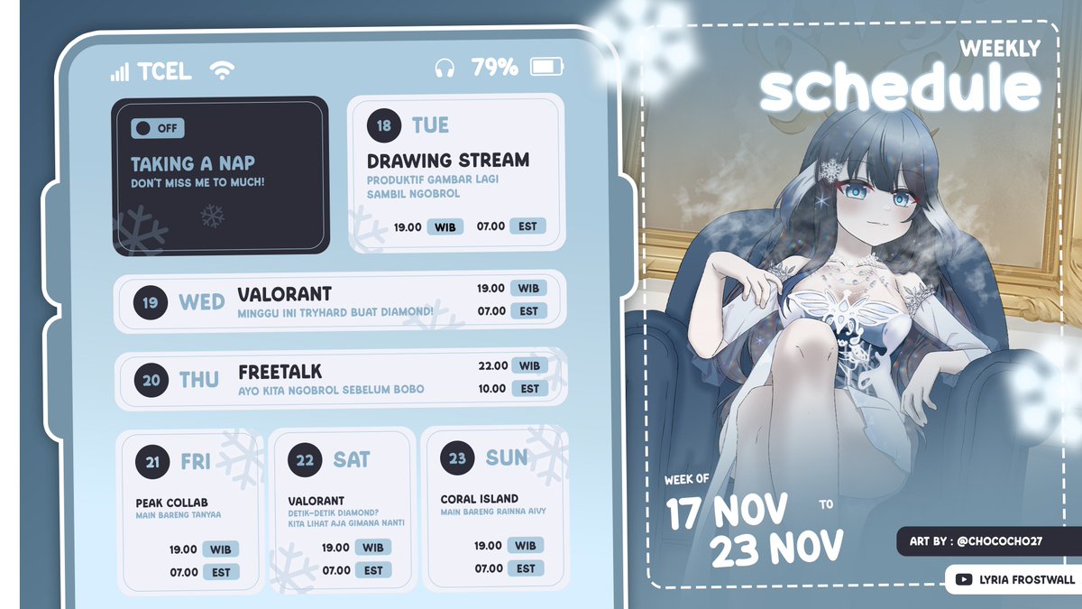 LyriaFrostwall's tweet photo. ❄️ SCHEDULE 17 - 23 NOV! ❄️
Ada banyak collab minggu ini lho! Kira-kira kalian tungguin stream yang mana nih? 😋
❄️General: #LyriaTales
❄️Live: #LilyOnAir
❄️Art: #LiryArt
❄️Meme: #Lilmeme
❄️Clips: #LyriaClip
❄️Fandom: #Lilybuds
Nyalain loncengnya yaa! 🔔 https://t.co/q8jowtf87N
